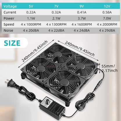 Wathai High Airflow Router Cooling Fan for Computer Cooler TV Small Box DC 5V USB Power 120mm 240mm Fan with Multi Speed Controller - PuriLite