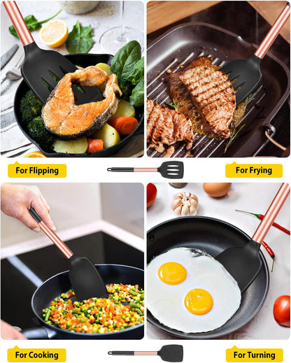 Pack of 2 Silicone Slotted Spatula,Non Stick Solid Kitchen Turner, High Heat Resistant BPA Free Cooking Utensils for Fish, Eggs, Pancakes（Black - PuriLite