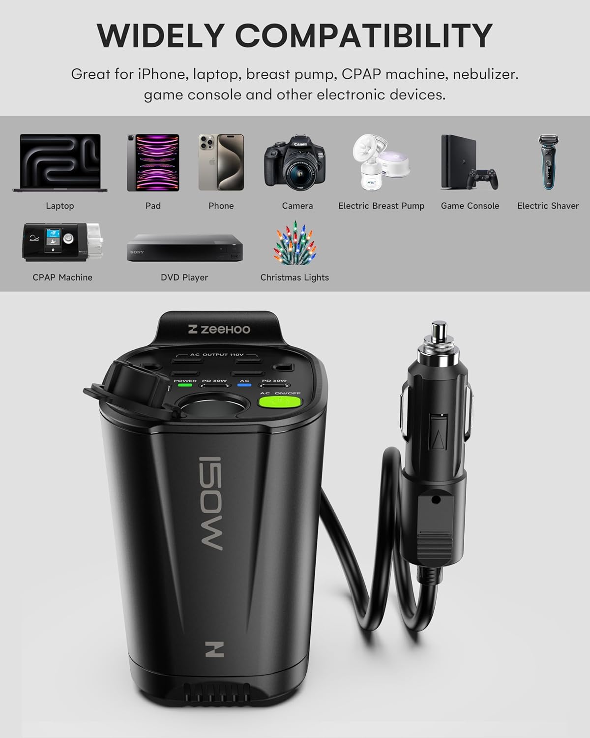 150W Car Power Inverter, 12V DC to 110V AC Car Plug Adapter Outlet Converter, with 2 AC Outlets, A 18W USB A and Dual 30W PD Car Charger, for Laptop Computer - Black - PuriLite