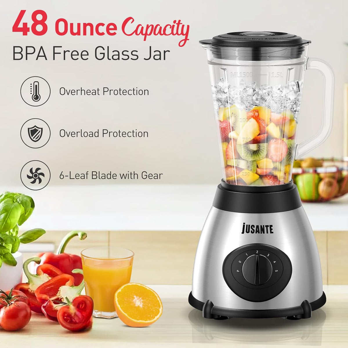 JUSANTE Smoothie Blender, 1000W Professional Kitchen Blender with Glass Jar for Shakes & Smoothies High Speed Countertop Blender for Ice Frozen Drinks - PuriLite