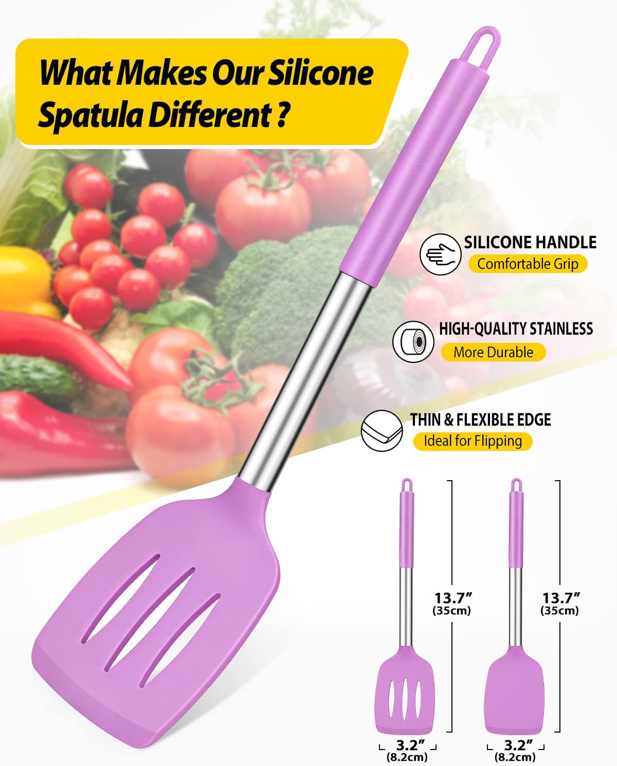 Pack of 2 Silicone Slotted Spatula,Non Stick Solid Kitchen Turner, High Heat Resistant BPA Free Cooking Utensils for Fish, Eggs, Pancakes（Black - PuriLite