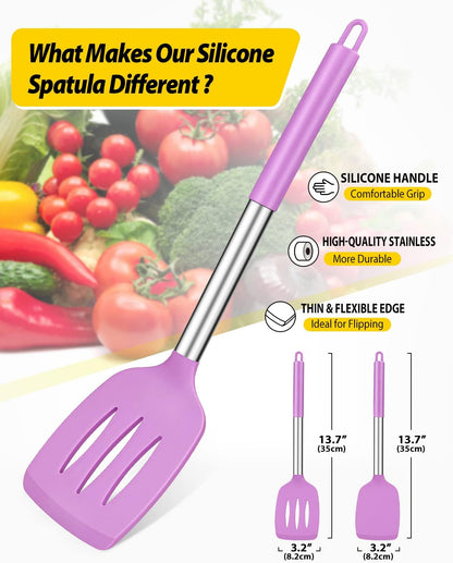 Pack of 2 Silicone Slotted Spatula,Non Stick Solid Kitchen Turner, High Heat Resistant BPA Free Cooking Utensils for Fish, Eggs, Pancakes（Black - PuriLite