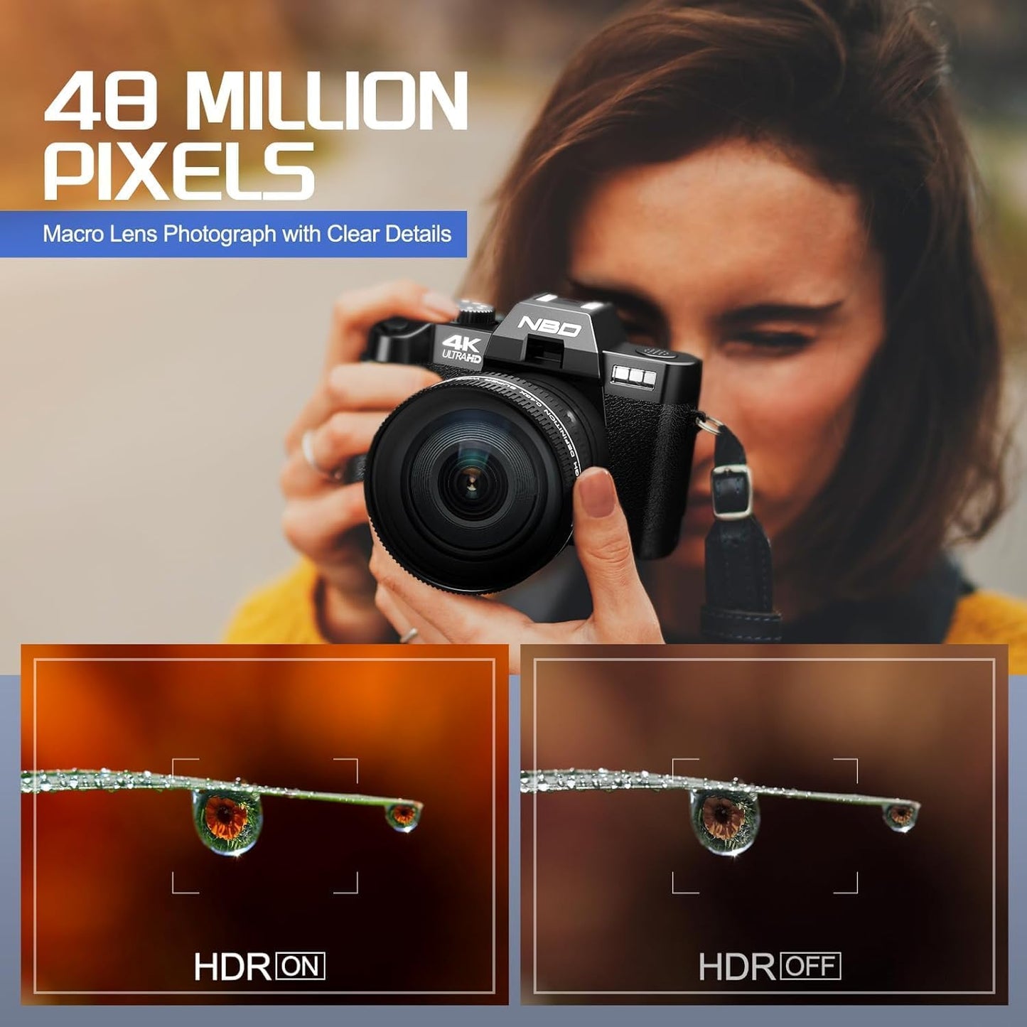 NBD 4K Digital Camera for Photography 48MP Video Vlogging Camera for YouTube with 3" 180° Flip Screen WiFi, 16X Digital Zoom Cameras with 32GB Micro Card, Wide-Angle & Macro Lens (Black) - PuriLite