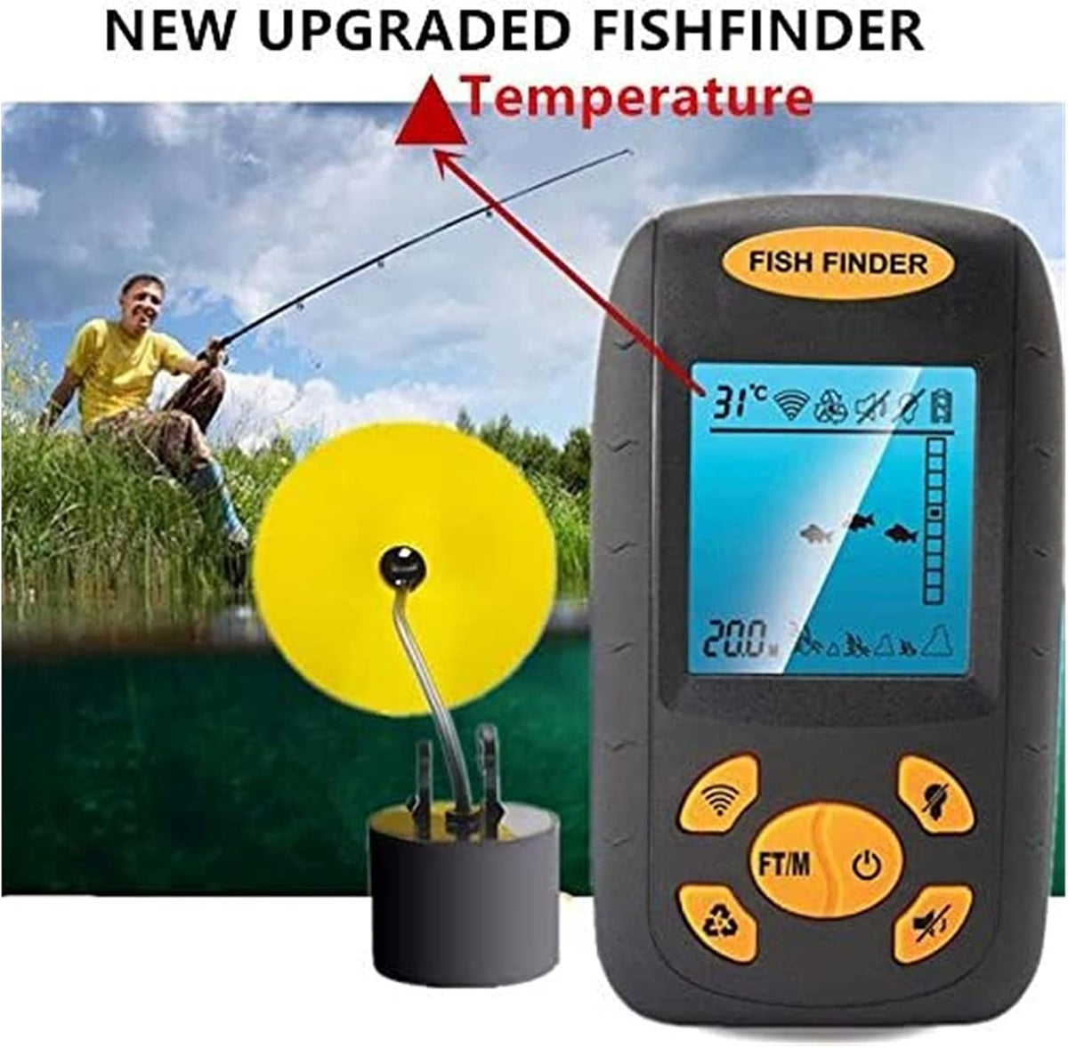 New Sonar Fish Finder Fishing Depth Sonar Sensor Alarm Transduce for Pontoon Boats Lake Rail - PuriLite