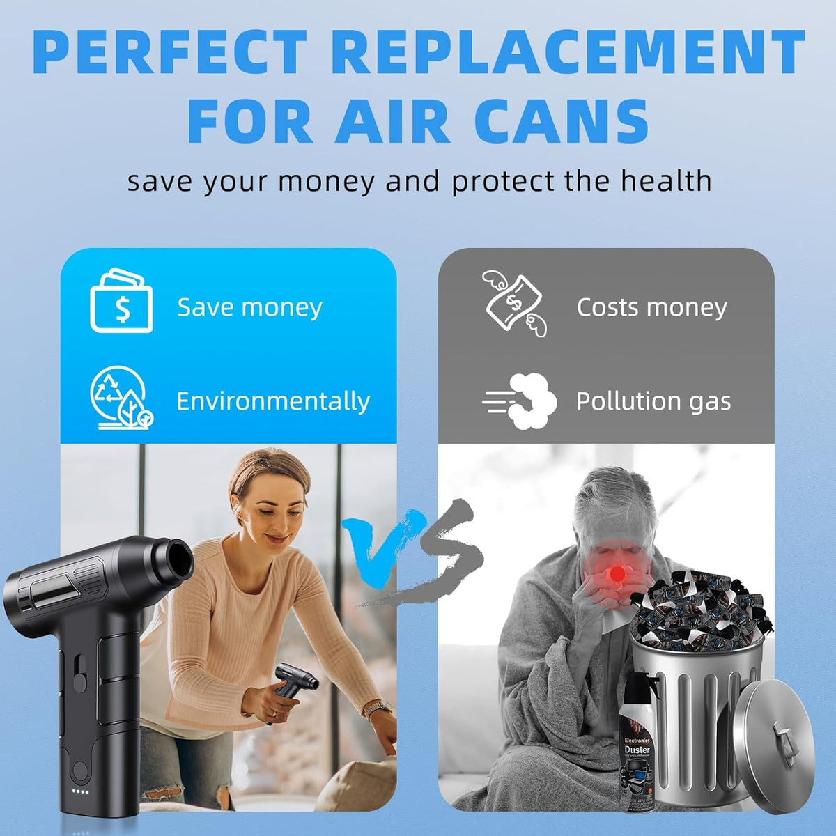 Compressed Air Duster, 130000RPM Electric Air Duster Replaces Compressed Air Cans, 3 Speed, Cordless Air Blower for Cleaning Camera Computer Household Pet Hair - PuriLite