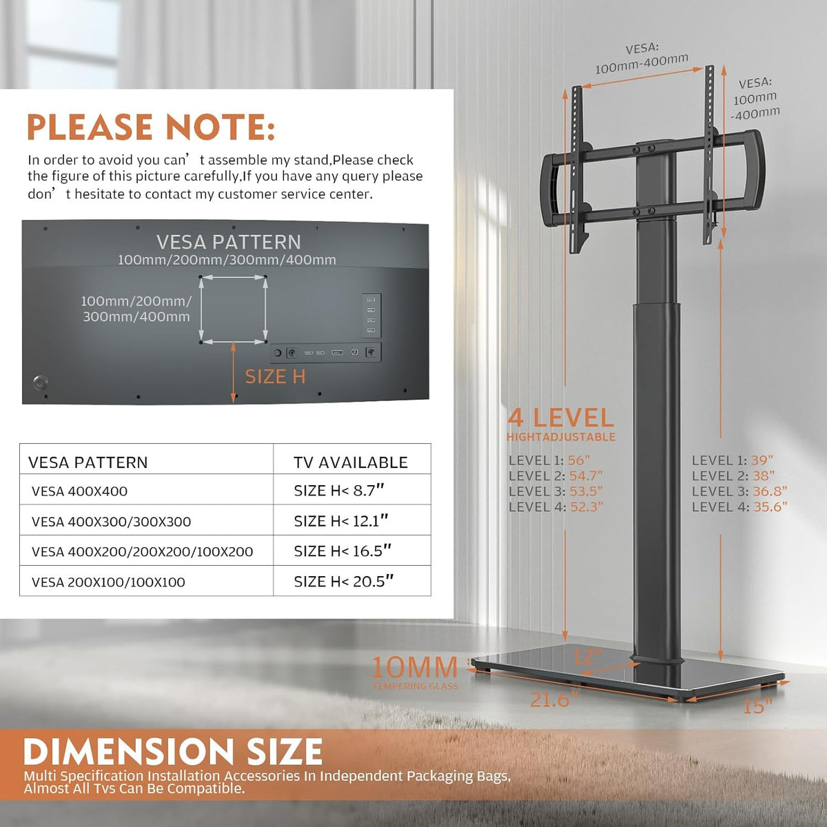 Universal TV Stand with Mount 80 Degree Swivel Height Adjustable and Tilt Function for 27 to 65 inch LCD, LED OLED TVs,HT1002B - PuriLite