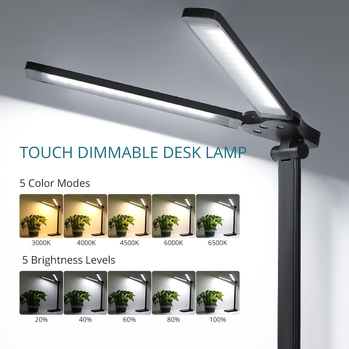 Semlos LED Desk Lamp for Home Office, Eye-Caring Table Light, 25 Lighting Modes, 45 Min Auto Timer, Touch Control, Dimmable, White - PuriLite