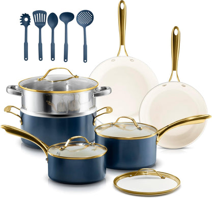 Gotham Steel 15 Pc Ceramic Pots and Pan Set, Non Stick Cookware Set with Steamer and Cooking Utensils, Non Toxic PFOA PFOS Free, Gold Stay Cool Handles, Oven and Dishwasher Safe - PuriLite