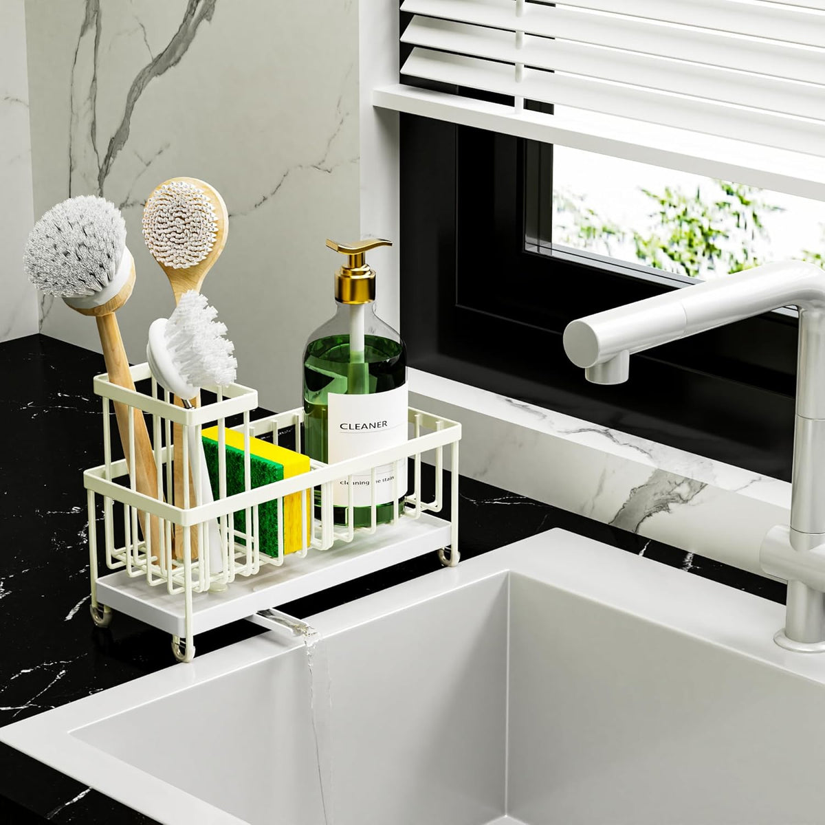 Cisily Sponge Holder for Kitchen Sink, Sink Caddy with High Brush Holder, Organzier Rustproof 304 Stainless Steel Dish Organizer Divider, Soap Dispenser Storage (Black) - PuriLite