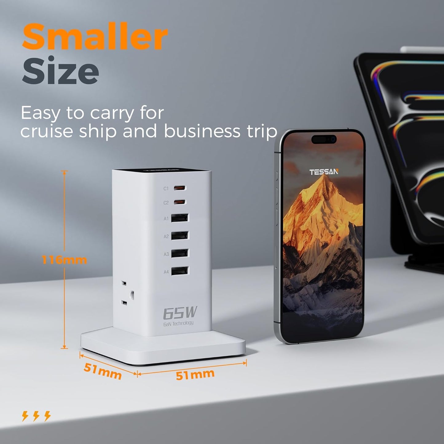 Charging Station, TESSAN 65W Max GaN USB C Charger Block, 6-Ports and 3 AC Outlets Power Tower, Fast Charging for Multiple Devices, Compatible with iPhone, Samsung and More, White - PuriLite