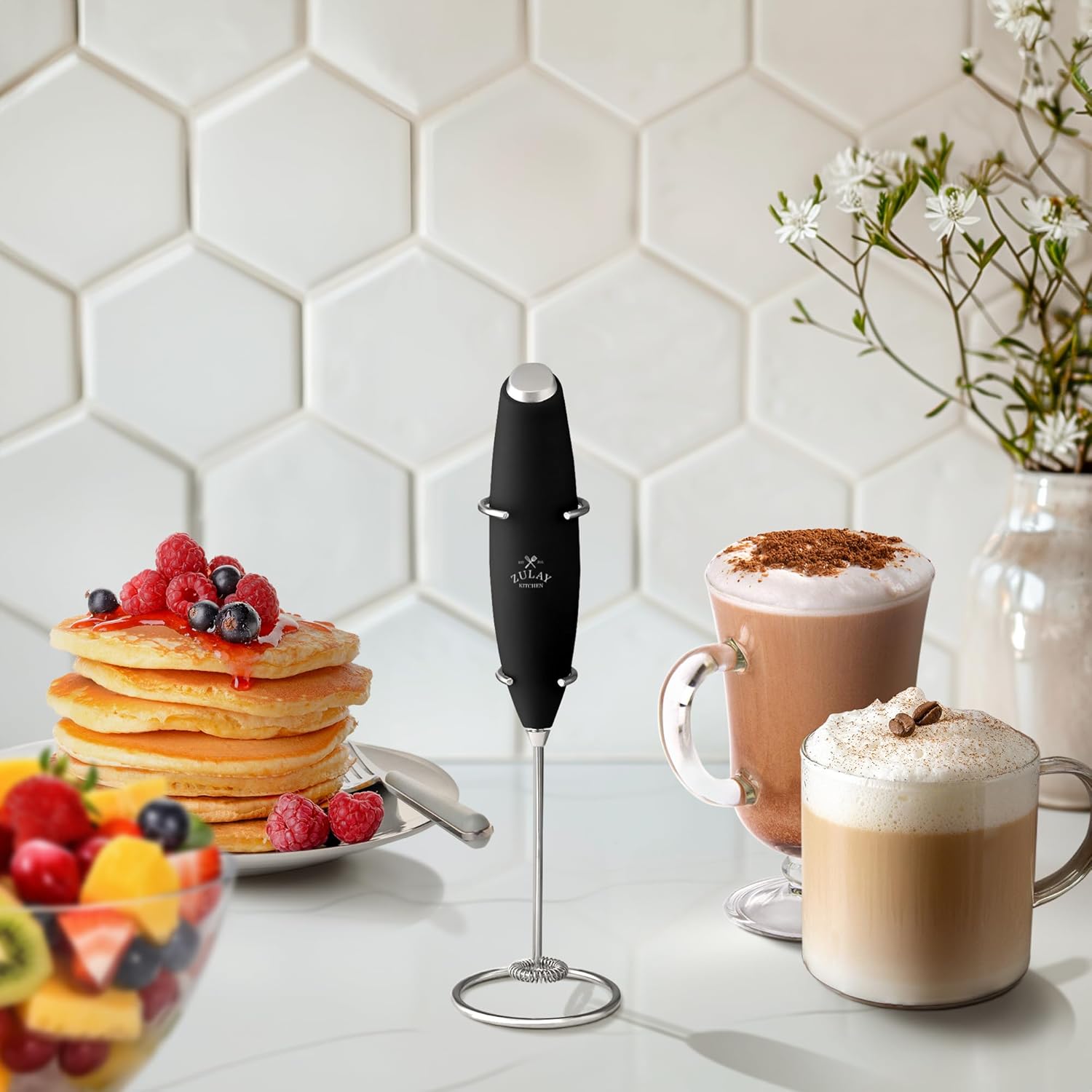 Zulay Kitchen Powerful Double Whisk Milk Frother Handheld - Foam Maker with Stand - Whisk Drink Mixer for Coffee, Mini Foamer for Latte, Matcha, Frappe, Hot Chocolate & Cappuccino (Black) - PuriLite