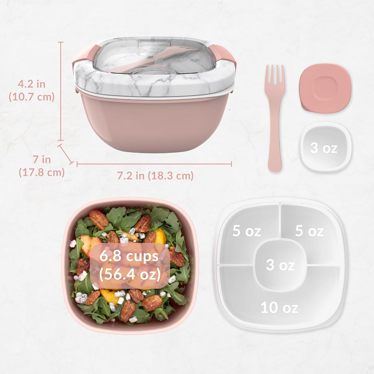 Bentgo Salad - Stackable Lunch Container with Large 54-oz Salad Bowl, 4-Compartment Bento-Style Tray for Toppings, 3-oz Sauce Container for Dressings, Built-in Reusable Fork & BPA-Free (Khaki Green) - PuriLite