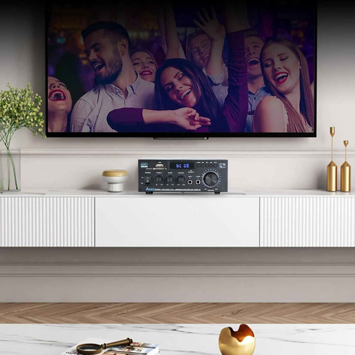 Stereo Receiver Amplifier Home Audio Amp, AK45 Bluetooth Receiver for Home Stereo, 300Wx2, Bluetooth 5.0, 2 Channel Amp with USB/SD/RCA/MIC/FM and Remote for Karaoke Party - PuriLite