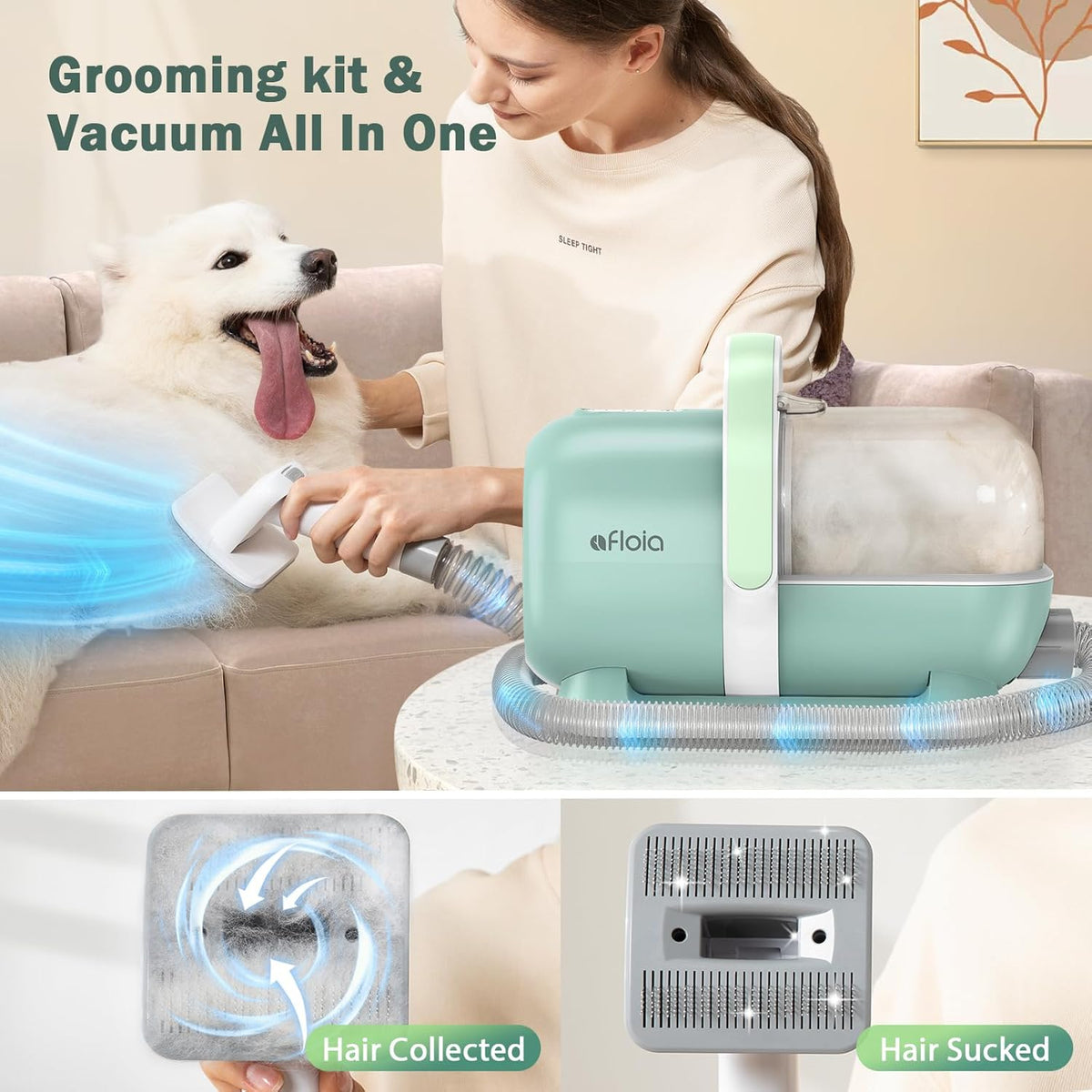 Afloia Dog Grooming Kit, Pet Grooming Vacuum & Dog Clippers Nail Trimmer Grinder & Dogs Brush for Shedding with 6 Pets Groom Tools, Low Noise Dogs Hair Remover Pets Supplies (White) - PuriLite
