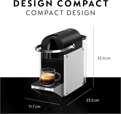 Nespresso Pixie Single Serve Pod Espresso Machine Aluminum By De'Longhi. Compact espresso machine, 19-bar pressure, fast heat-up, 2 cup sizes, brews the full range of espressos.