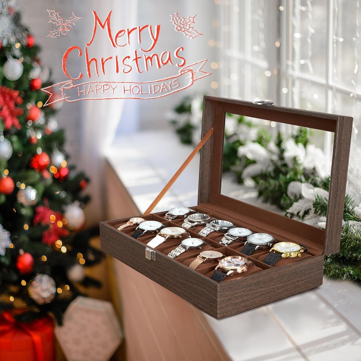 Ohuhu Watch Box Organizer for Men -12 Slot Leather Watch Case with Real Glass Lid Watch Display Case, Watch Organizer Jewelry Storage Box - PuriLite