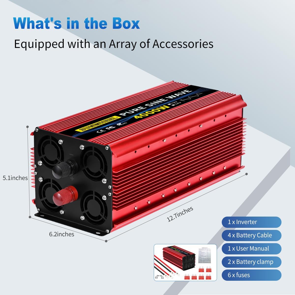 SUNWHEEL 4000W Pure Sine Wave Inverter, 12V DC to 110V/120V AC Power Inverter for RV、Microwave、Off Grid、Truck、Refrigerator、Air Conditioner with 4 AC outlets and LCD Display - PuriLite