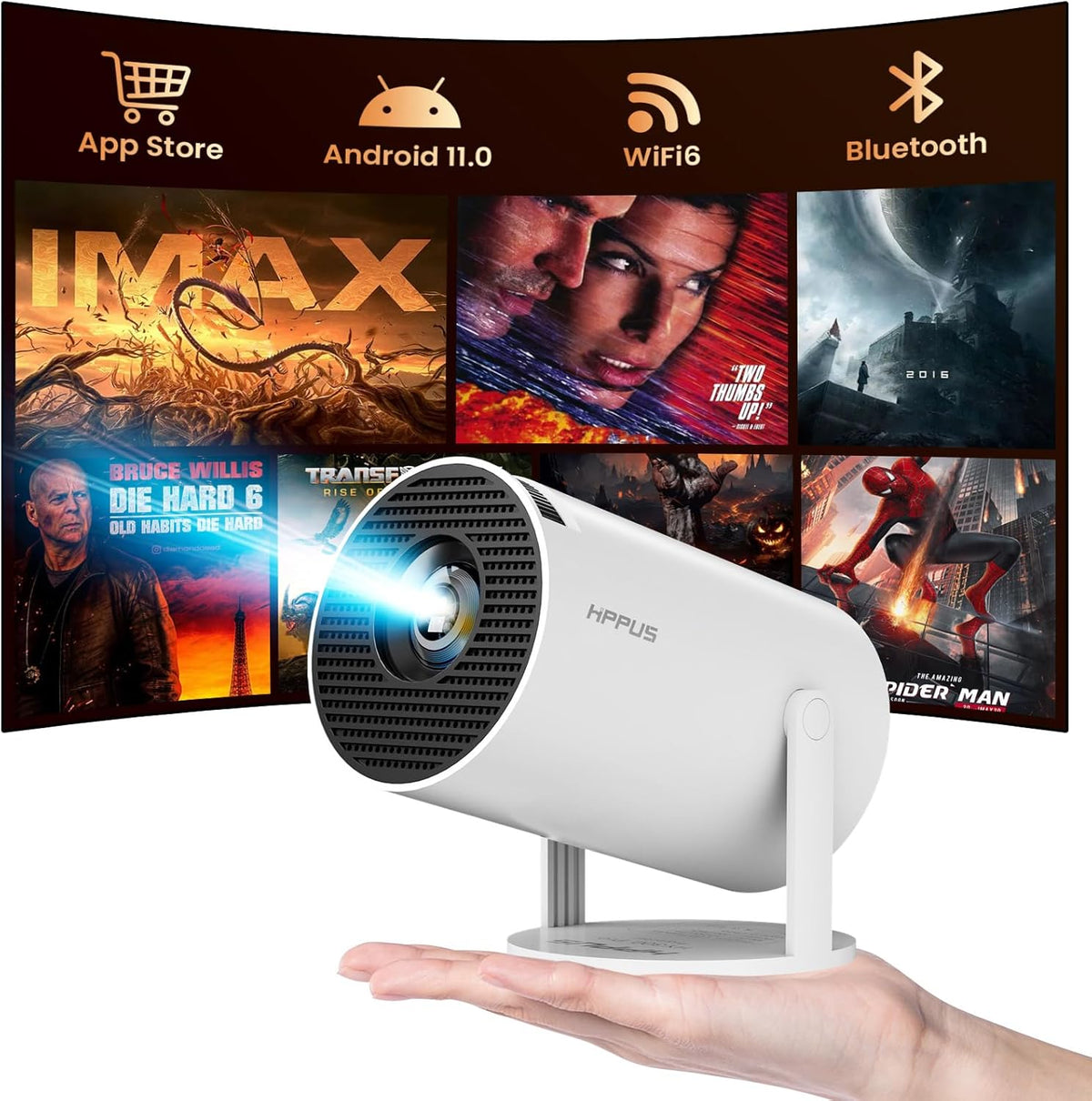 HIPPUS Mini Projector with WiFi 6 and Bluetooth，Full HD 1080P 4K,Android 11.0，180°Rotation，Portable Projector,Auto Keystone,2.4G/5G Wi-Fi6,Compatible with TV Stick/Smartphone/HDMI/USB（White） - PuriLite