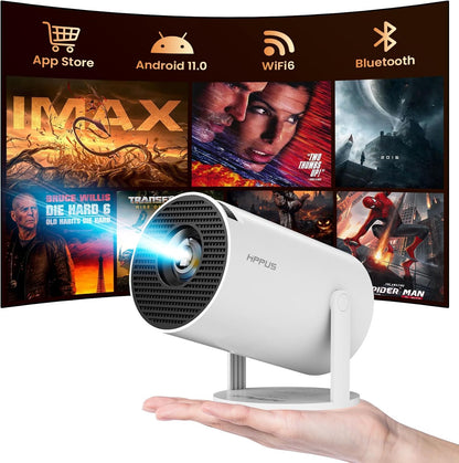 HIPPUS Mini Projector with WiFi 6 and Bluetooth，Full HD 1080P 4K,Android 11.0，180°Rotation，Portable Projector,Auto Keystone,2.4G/5G Wi-Fi6,Compatible with TV Stick/Smartphone/HDMI/USB（White） - PuriLite