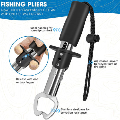 THKFISH 7 Pcs Fishing Tool Kit, Fishing Backpack with Fishing Pliers Tackle Kits, Fish Hook Remover Tools, Fish Plier with Sheath and Tool Lanyards, Digital Fishing Weight Scale - PuriLite