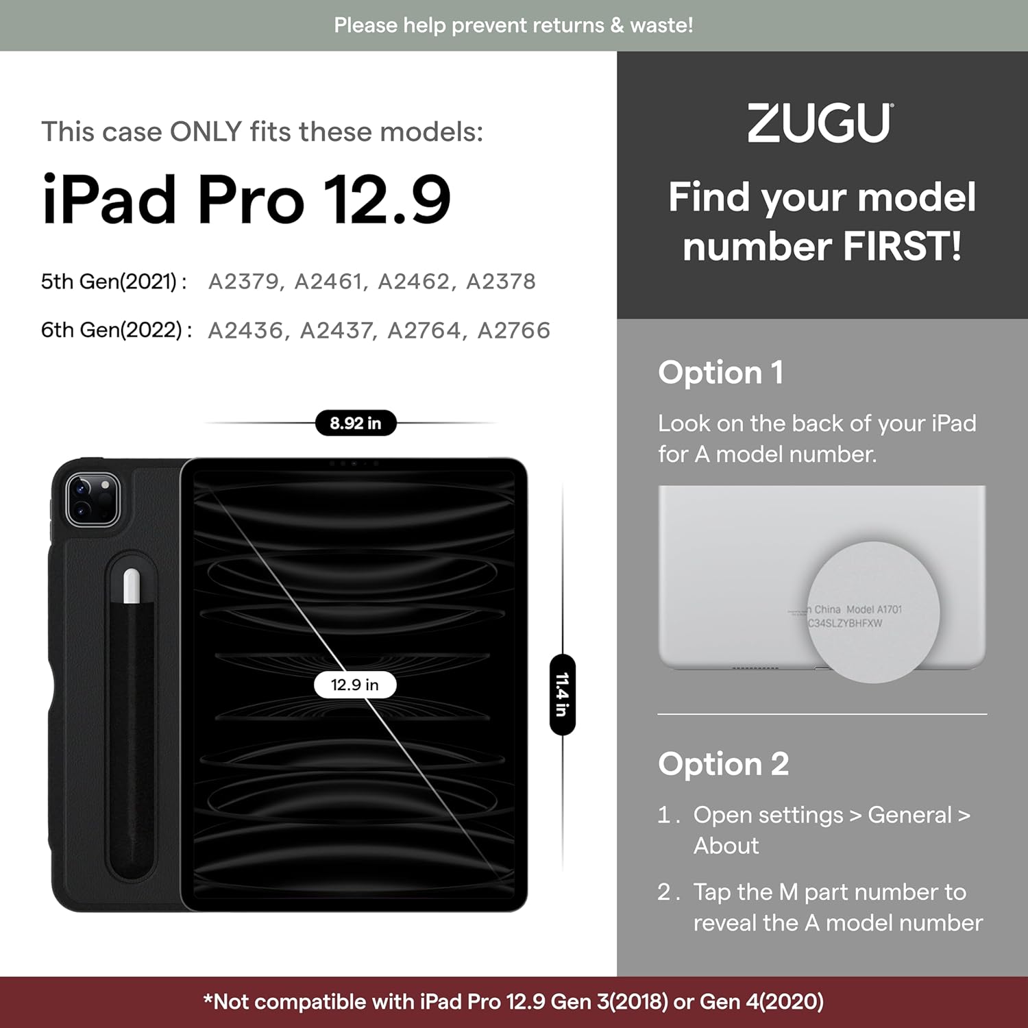 ZUGU iPad Pro 12.9 Case 2022/2021 6th & 5th Generation - Ultra Slim Protective Cover - Wireless Apple Pencil Charging - Convenient 10-Angle Magnetic Stand & Auto Sleep/Wake [ Black ] - PuriLite