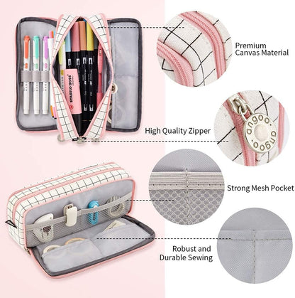 Big Capacity Pencil Case, OLIYuMi 3 Compartment Pencil Pouch Pencil Bag Storage Box Stationery Organizer Makeup Bag with Zipper Closure for Student Office College Boys and Girls (Pink) - PuriLite