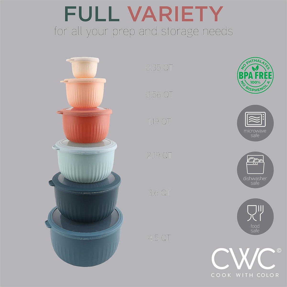 COOK WITH COLOR Prep Bowls with Lids- 8 Piece Nesting Plastic Small Mixing Bowl Set with Lids (Teal Ombre) - PuriLite