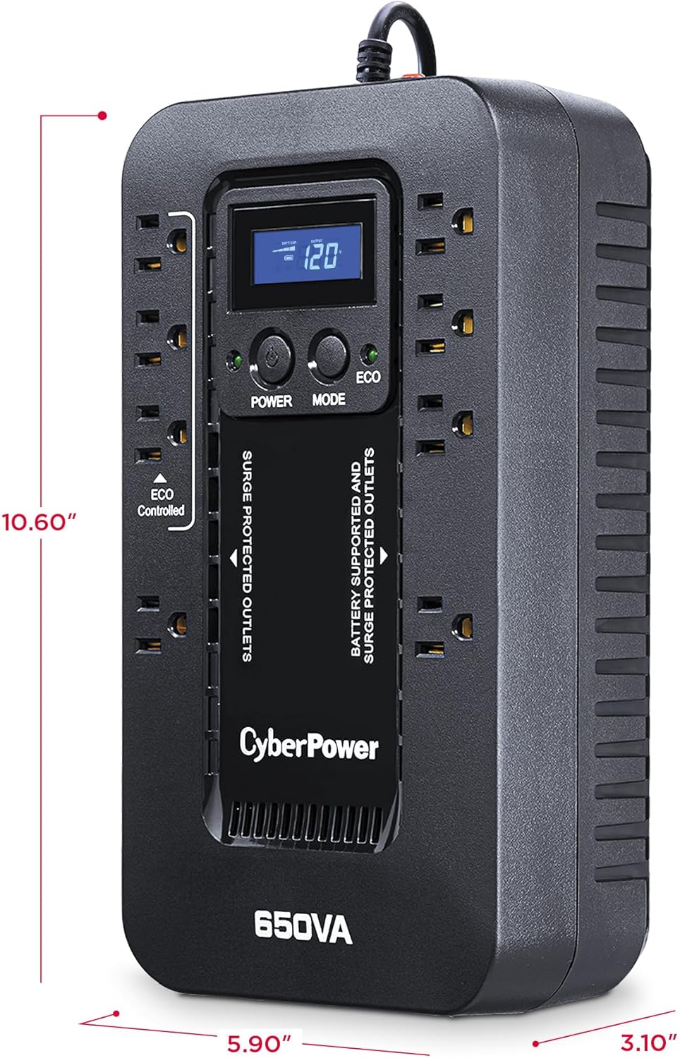 CyberPower EC850LCD Ecologic Battery Backup & Surge Protector UPS System, 850VA/510W, 12 Outlets, ECO Mode, Compact, Uninterruptible Power Supply - PuriLite