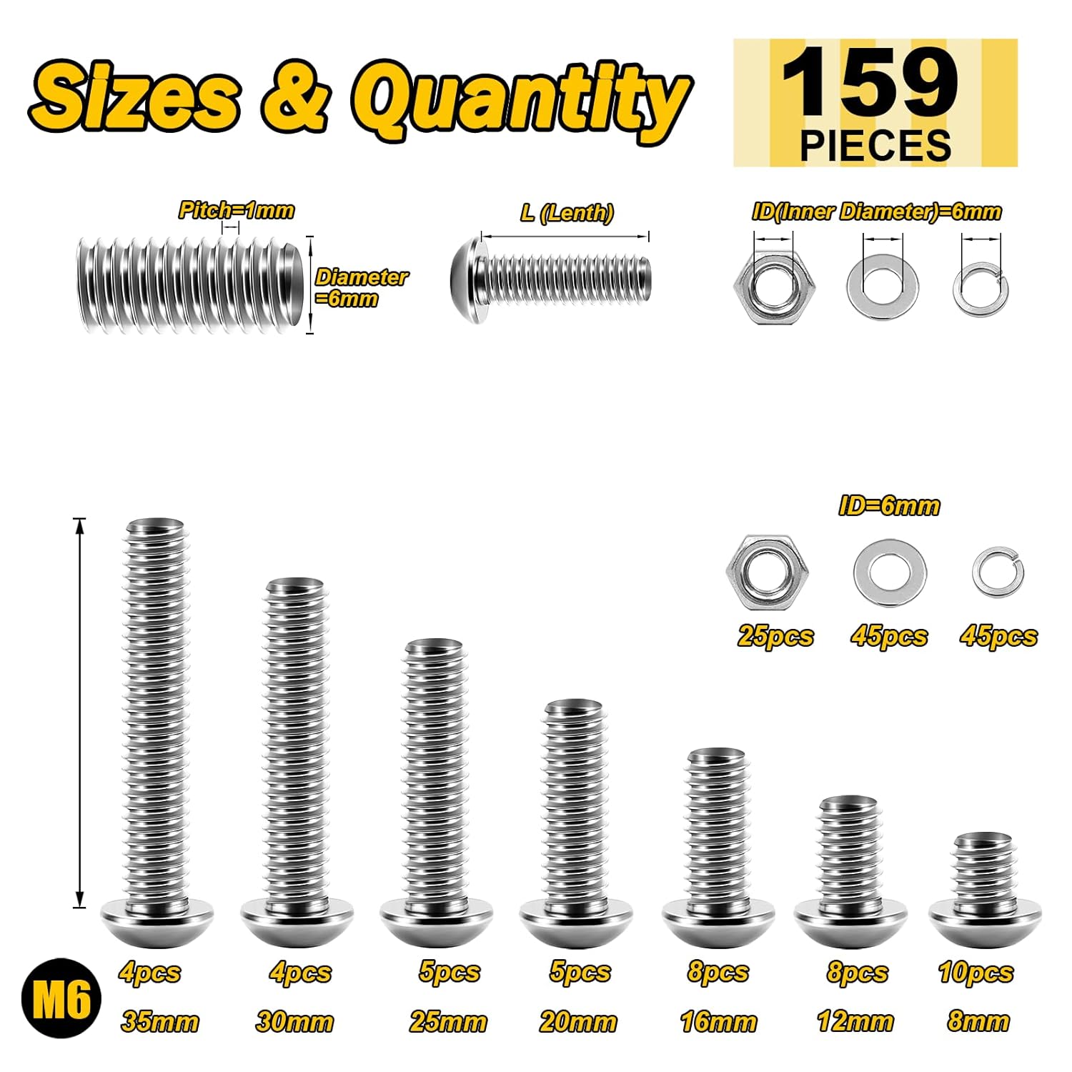 Mywish 900Pcs Metric Screw Assortment, M3 M4 M5 M6 Screw Assortment Kit 304 Stainless Steel Hex Socket Button Head Socket Cap Metric Screws Bolts & Flat Washers/Nuts/Hex Wrenches 16 Sizes 8MM to 20MM - PuriLite