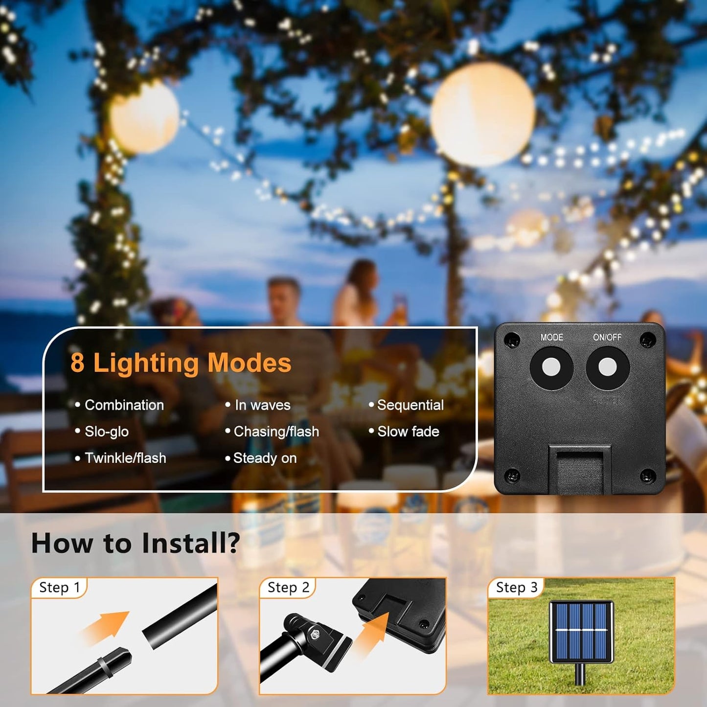 TIANG Solar String Lights, 4 Pack Total 400 LED Solar Outdoor Lights Waterproof, 8 Modes Solar Mini Lights for Garden, Yard, Party, Xmas, Holiday Decor, Warm White - PuriLite