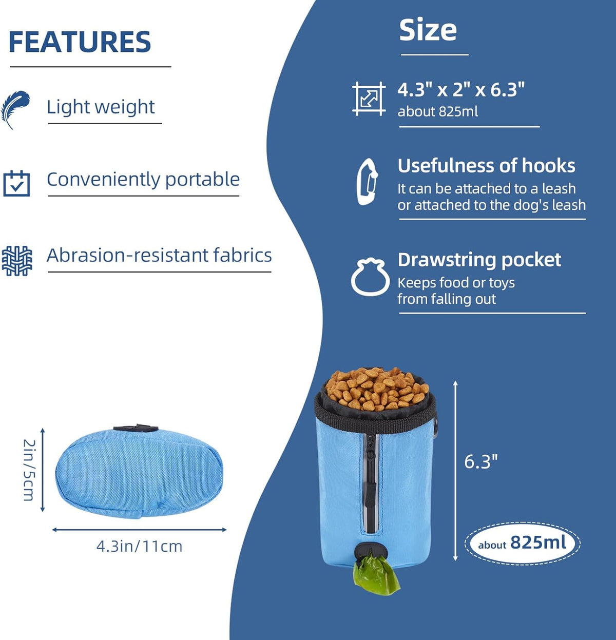 Ownpets Dog Treat Pouch, Pet Training Treat Bag with Drawstring Closure Design, Dog Treat Bag for Dogs Walks,Outdoor Activities, with Poop Bag Dispenser& Reflective Strip, 825ml Capacity (Blue) - PuriLite