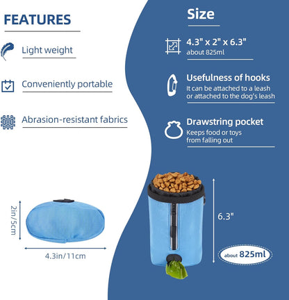Ownpets Dog Treat Pouch, Pet Training Treat Bag with Drawstring Closure Design, Dog Treat Bag for Dogs Walks,Outdoor Activities, with Poop Bag Dispenser& Reflective Strip, 825ml Capacity (Blue) - PuriLite