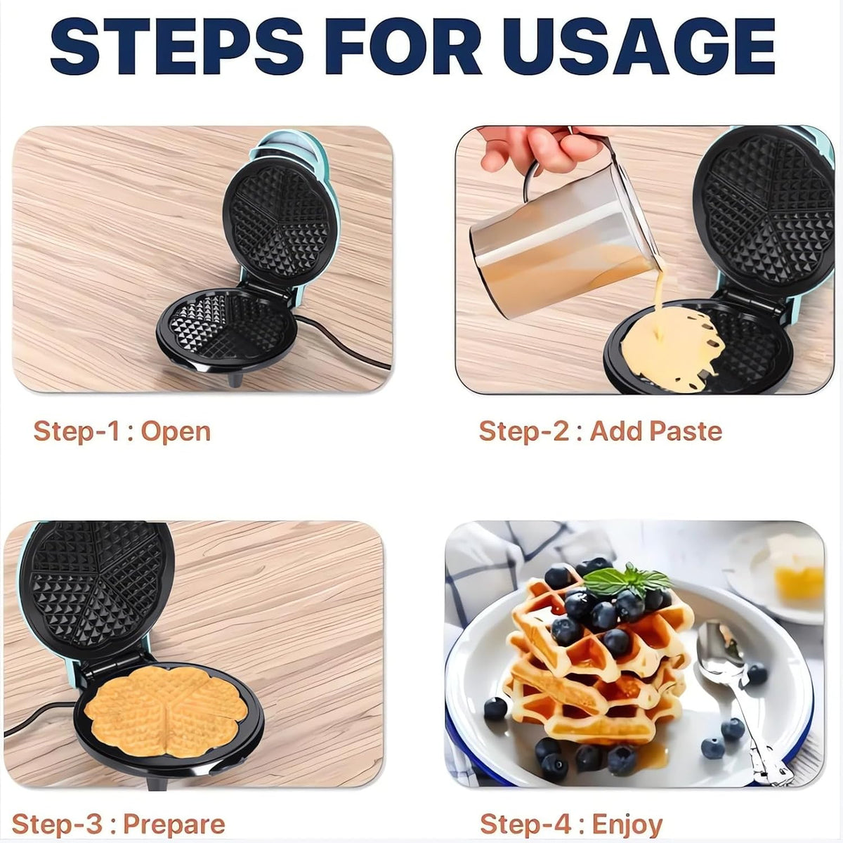 Mini Maker Waffle Maker 5“ Non-Stick Waffler Iron Stuffler Stuffed Wafflera Adjustable Browning Control, Heart, Azure - PuriLite