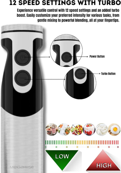 MEGAWISE new Hand Blender Series Only one Hand Blender,no attachments,12-Speed,Includes Powerful Blender Stick- Easy to Clean and Perfect for Smoothies, and More (Black) - PuriLite