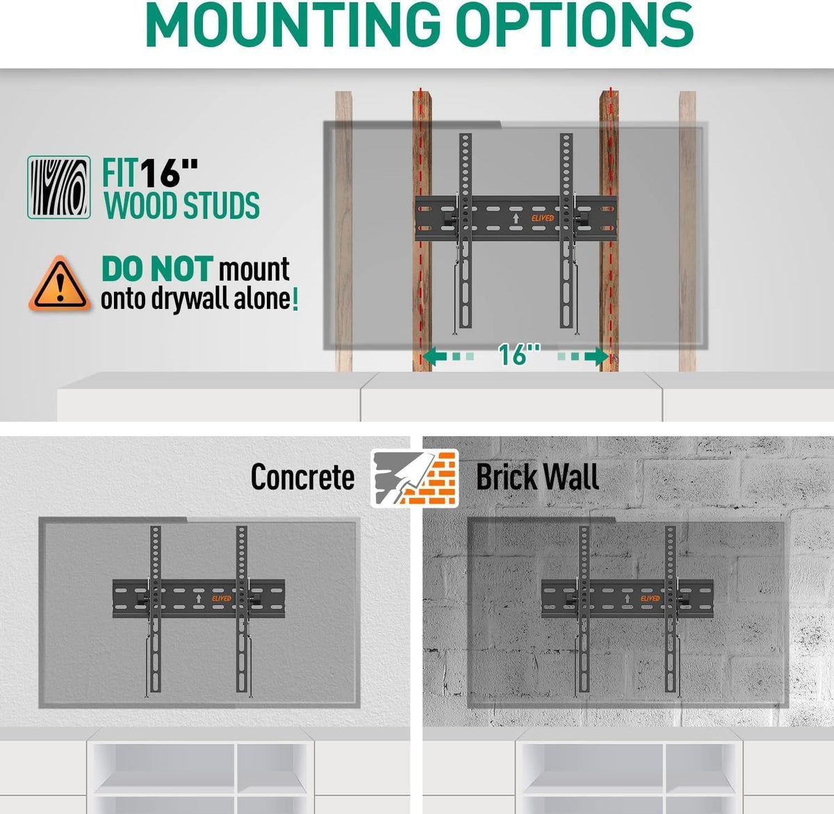 Tilting TV Wall Mount Bracket, Universal TV Mount Low Profile for 26-55 Inch Flat Screen TVs, Ultra Slim, Easy to Install with Tilting Knob, Fits 12''/16'' Studs, Max VESA 400x400mm, 99 lbs. ELIVED - PuriLite