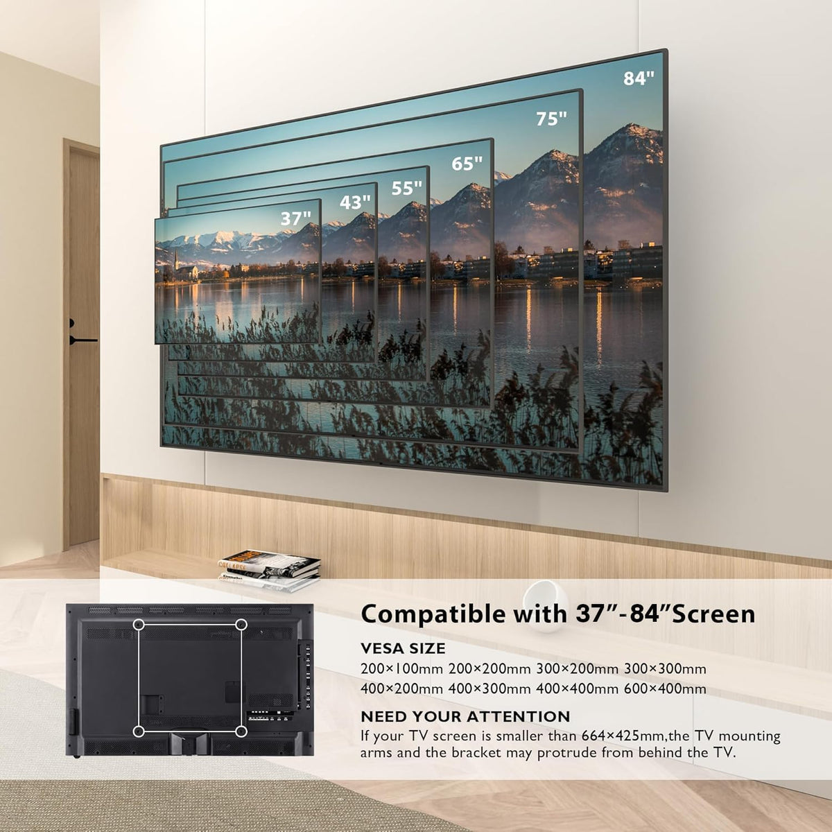 BONTEC Full Motion TV Wall Mount for 37-84 Inch LED LCD OLED Flat Curved TVs, Swivel Tilt Articulating Dual Arm TV Mount Bracket Holds up to 132lbs, Max VESA 600x400mm, Easy Installation - PuriLite
