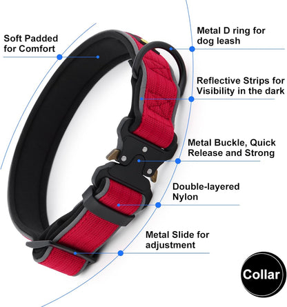 Plutus Pet Tactical Dog Collar, Reflective, Adjustable Heavy Duty Dog Collar, Soft Padded and Comfortable, for Small Medium and Large Dogs (Red, L) - PuriLite