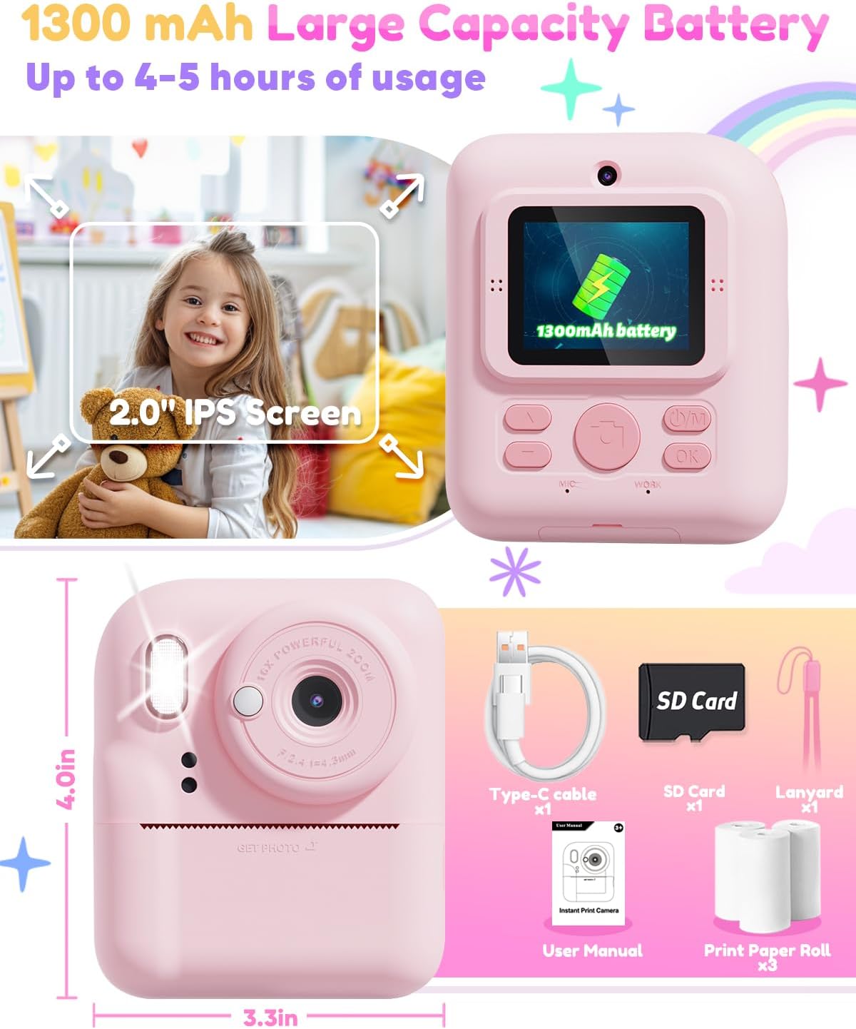 Pussan Kids Camera Instant Print, 1080P Instant Print Camera Toys for 3-12 Year Old Girls, Christmas Birthday Gifts for Age 3 4 5 6 7 Girls, Kids Digital Camera Toys with 3 Rolls Print Paper-Pink - PuriLite