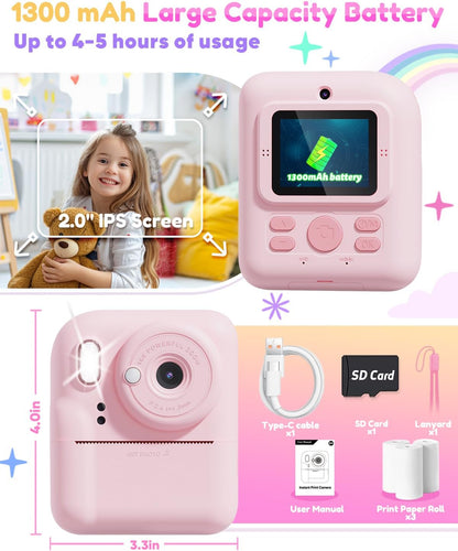 Pussan Kids Camera Instant Print, 1080P Instant Print Camera Toys for 3-12 Year Old Girls, Christmas Birthday Gifts for Age 3 4 5 6 7 Girls, Kids Digital Camera Toys with 3 Rolls Print Paper-Pink - PuriLite
