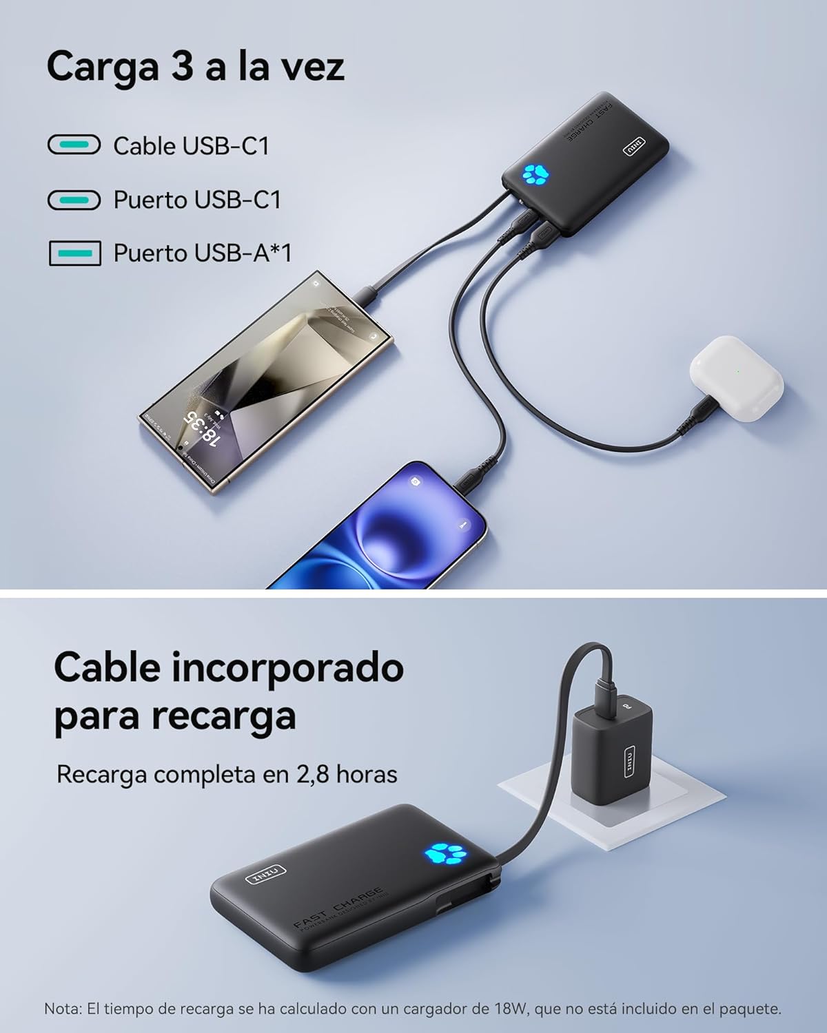 INIU Portable Charger, Mini 10000mAh Power Bank with Build in USB-C Cable, 20W Fast Charging Powerbank with Cords Wires, Cruise Ship Travel Essentials Battery Pack for College Student Traveler, Orange - PuriLite