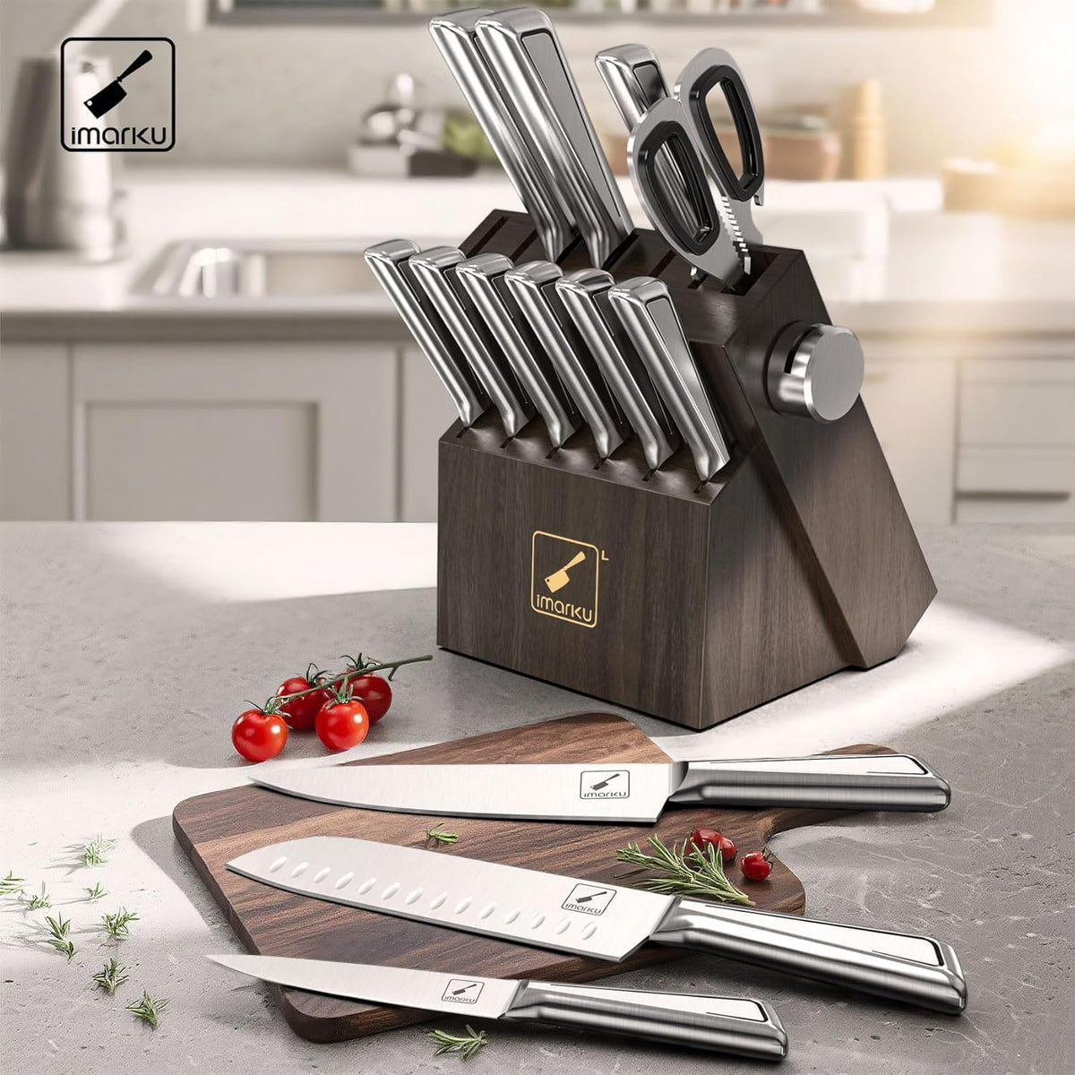 Knife Sets for Kitchen with Block imarku Japanese Knife Set Stainless Steel Kitchen with Block 14pcs, Built-in Sharpener, Sharp Knife Block Set with Non-Slip Ergonomic Handles - Dishwasher Safe - PuriLite