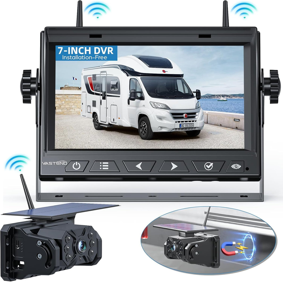 Magnetic Solar Wireless Backup Camera No Installation VASTEND 7'' Rear View Camera for Car No Delay 10000mAh Rechargeable RV Backup Camera 1080P for Truck Trailer Camper (VS-7A) - PuriLite