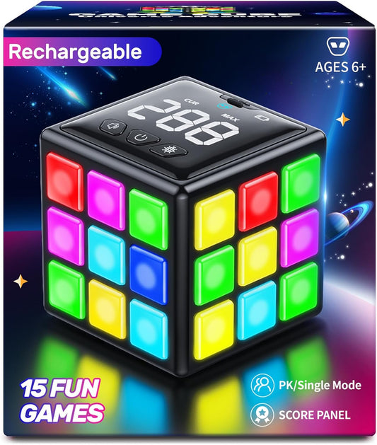 Rechargeable Game Cube, 15-in-1 Fun Brain Memory & Speed Games for Kids, Christmas Birthday Gifts for Boys Girls Ages 6-12+ Years Old, Cool Toys for Kids Teens with Score Screen (Black) - PuriLite