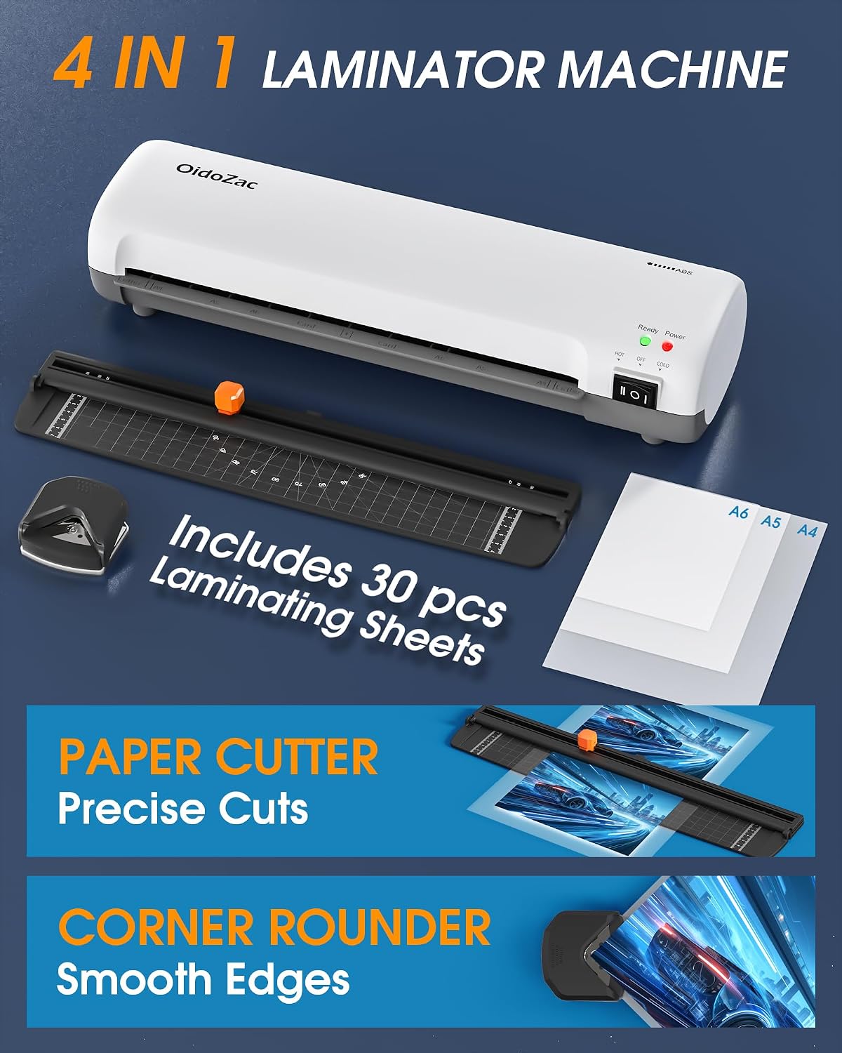 Laminator Machine 9-Inch, 4-in-1 Thermal Laminator with 30 Laminating Pouches (A4/A5/A6), Never Jam ABS Button, Trimmer & Corner Rounder, Hot & Cold Desktop Laminating Machine for Home Office School