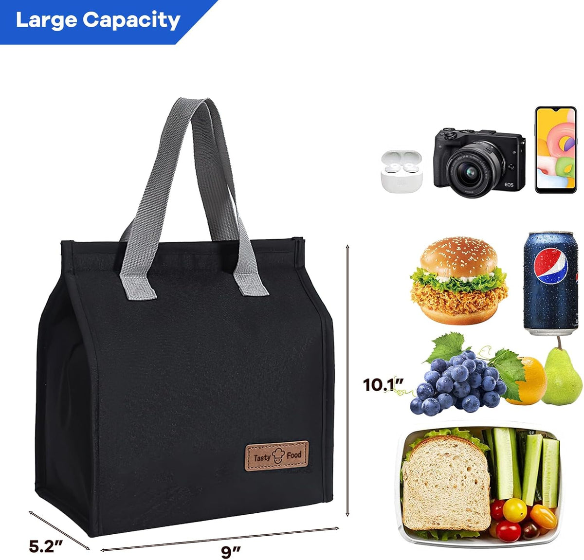 Lunch Bags for Women Men, Reusable Insulated Leakproof Lunch Box Bag for Adult Kids, Small Cooler Bag for Work School Picnic Travel (Black) - PuriLite