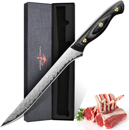 Purple Dragon Damascus Fish Fillet Knife - 7 inch Flexible Boning Knife with VG10 Core, Kitchen Slicing Knife with Full Tang Handle, Birthday Dad Mom Gift - PuriLite