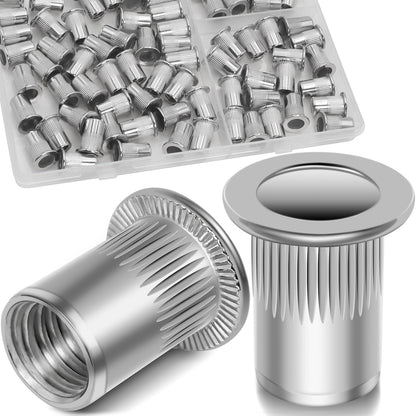 Vifmy Metric & SAE Rivet Nut Assortment Kit(420 Pcs),m3 m4 m5 m6 m8 m10 m12#6-32#8-32#10-24 1/4"-20 5/16"-18 3/8"-16 UNC Flat Head Rivnut Set,Zinc Plated Finish Carbon Steel Nutsert - PuriLite