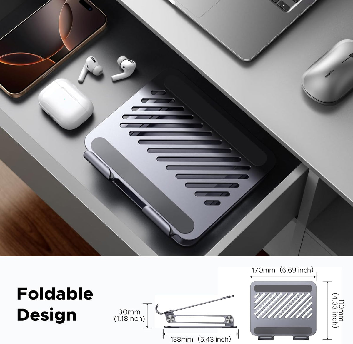 UGREEN Tablet Stand Holder for Desk, Aluminum Desktop Tablet Holder Dock Adjustable Foldable Riser Compatible with iPad Pro 12.9, 9.7, 10.5, iPad Air, iPad mini, Surface Pro, Galaxy Tab, Silver - PuriLite