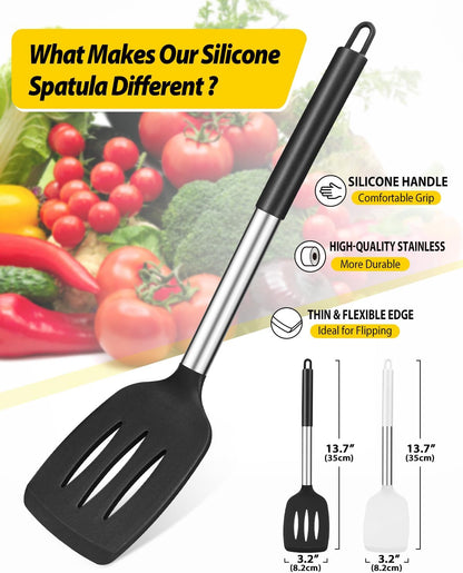 Pack of 2 Silicone Slotted Spatula,Non Stick Solid Kitchen Turner, High Heat Resistant BPA Free Cooking Utensils for Fish, Eggs, Pancakes（Black - PuriLite
