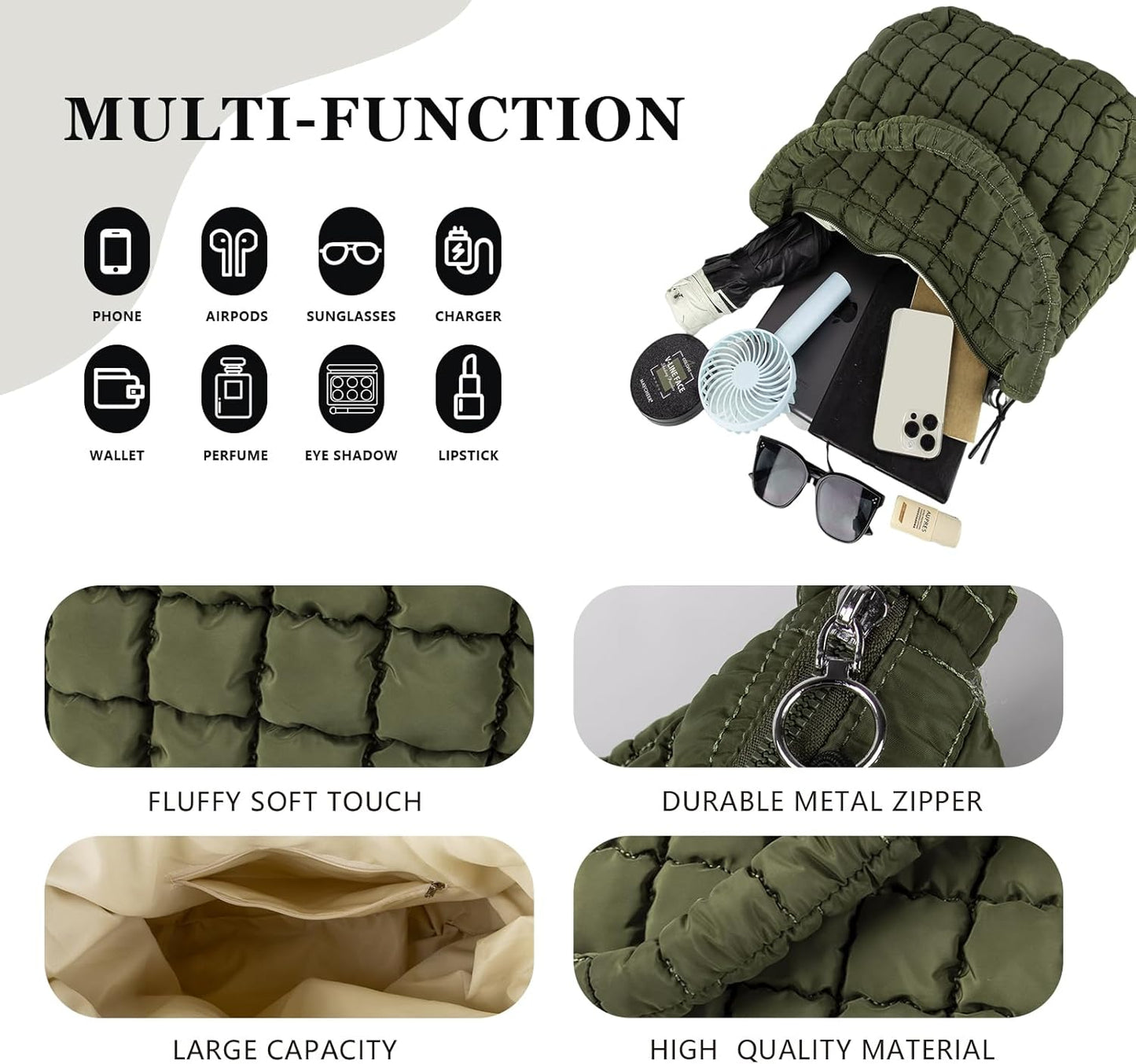 Quilted Puffer Tote Bag Large Crossbody Shoulder Bag with Zipper, Nylon Hobo Oversized Handbag - PuriLite